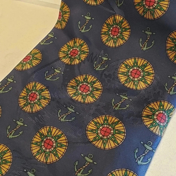 Luca Castelli Silk Nautical  Theme Tie Navy Blue Green Anchors Compass - Picture 7 of 12
